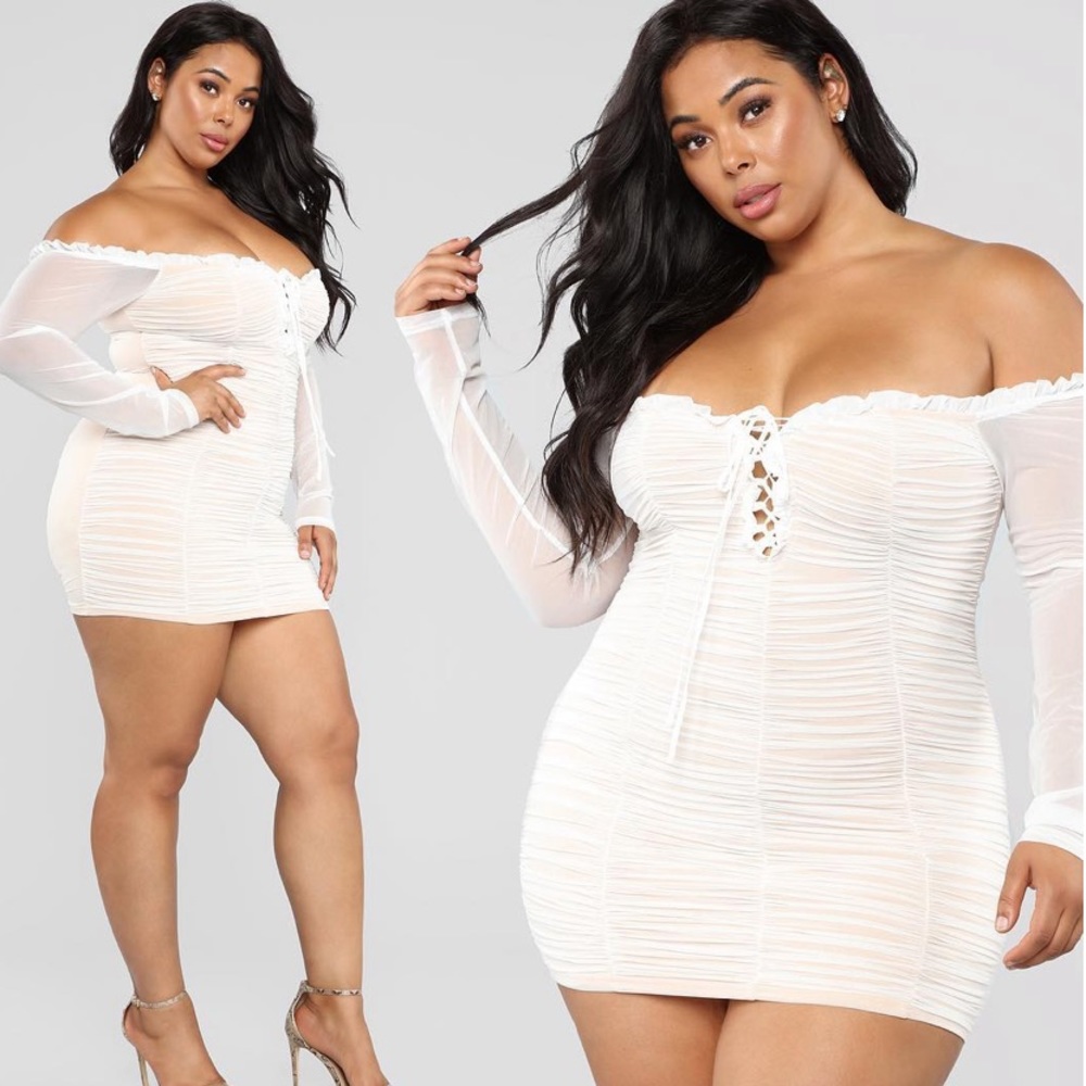 White Sheer Ruched Ruffle Mesh•Mini Dress - Picture 4 of 7